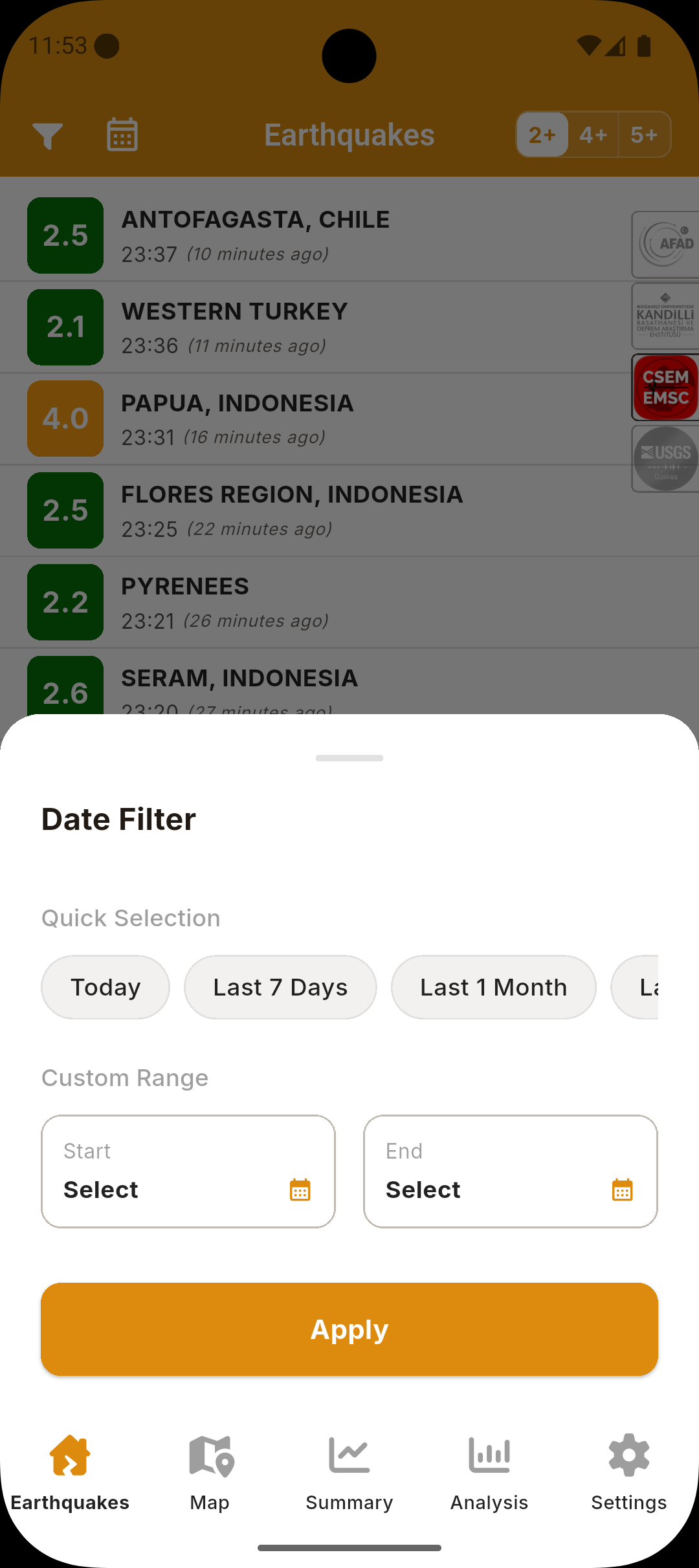 Earthquake Radar date filter screenshot